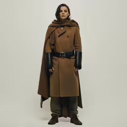 a man in an overcoat and hat stands in front of a gray background