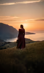 a woman in a red dress watching the sunset