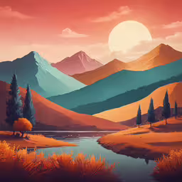 this is a digital painting of a beautiful landscape,there is a mountain with trees and water