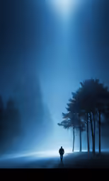 a person is walking towards the light at night