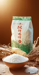 rice flour with one scoop in it and another bag of rice in the back ground