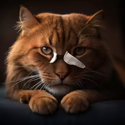an angry cat with a broken nose, missing the nose blade