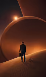 a person in business suit carrying a briefcase standing in the desert