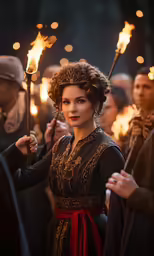woman wearing medieval costume holding two torches while other people watch
