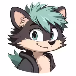 an anime cat wearing green hair with a black jacket