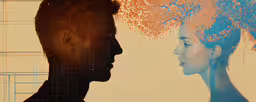 an image of two people facing each other,a painting of a man and a woman