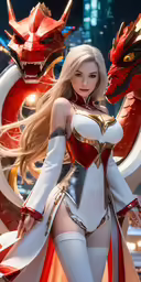 a girl in white and red outfit next to dragon