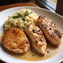 there is a plate with chicken, pasta and mushroom sauce