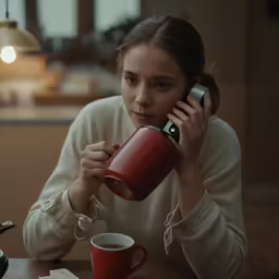 a girl sits at a table with a cup and phone