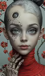 the woman is painted with flowers and has hands on her face