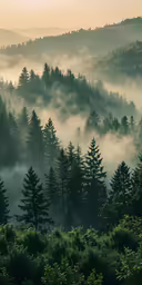 a mountain covered with fog during the sunset