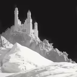 black and white photograph of snow covered mountains with a castle in the background