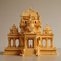 the large building has many sculptures of different sizes
