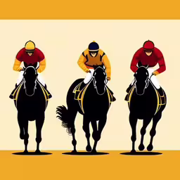 three jockeys racing horses on a racetrack track,three men ride horses and race across the track
