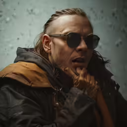 a man with a goatee and a jacket smoking and wearing sunglasses