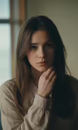 woman with brown shirt in front of windows staring at camera