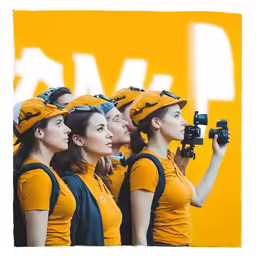 four women take photos of a sign