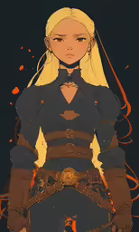 an anime girl with blonde hair wearing a blue and orange uniform