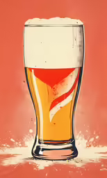 a beer is sitting in the glass on top of a red surface