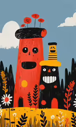 a painting of two cartoon characters standing near each other