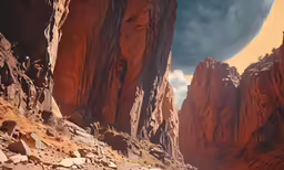 a wide shot of a rocky desert valley