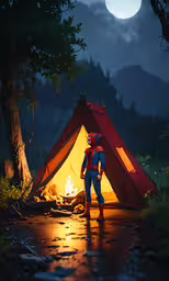 a person with an orange life jacket standing next to a fire in a tent,a person standing near a tent in the forest