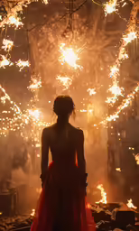 a woman is wearing a dress standing in the dark