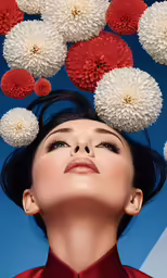 woman floating over her head between large red and white flowers