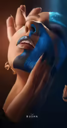 a woman with blue face paint and eyes