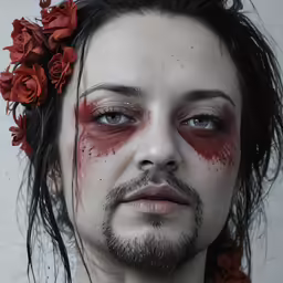 a guy with flowers in his hair wearing makeup