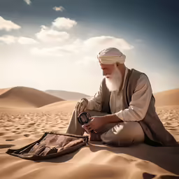 the man is sitting on the sand and looking at a camera
