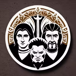 a round sticker with an image of three men in renaissance garb