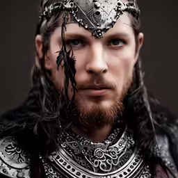 a young man in viking costume with the hair of black