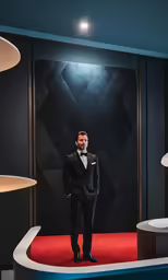 a man in tuxedo posing for the camera in a room