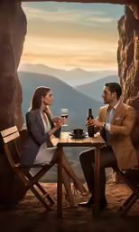 a woman and man are seated at a table with a wine glass