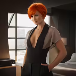 a beautiful woman with red hair in a black outfit
