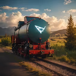 a cargo train traveling down tracks next to a rural road,a train going down the train track with a box car on the track