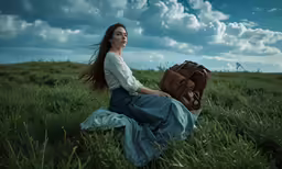 a beautiful young woman with long hair sitting in a field