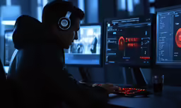 a man in a dark room sitting in front of three computer monitors
