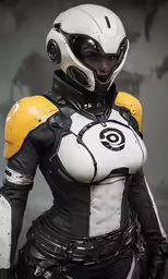 a woman with helmet and gloves in a scene