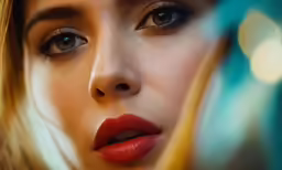 a woman with bright red lips and orange lipstick