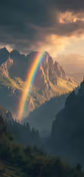 a rainbow in the sky over a mountain range
