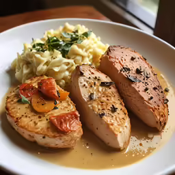 white plate with pork, cheese, macaroni, and tomato