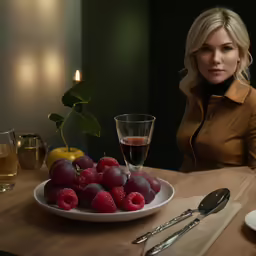 a plate with fruit sitting on a table next to a glass of water