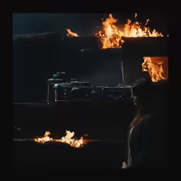 a girl sitting down looking at fire in the dark