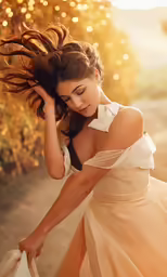 a beautiful woman in a white dress walking down the street