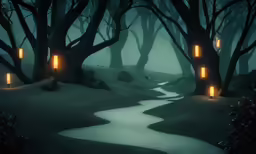 a landscape with many lights on the trees