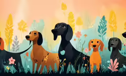 an illustration of many dogs and flowers in the grass