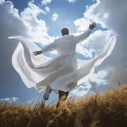 man in white clothing standing in an open field