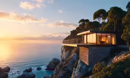 a house overlooking the ocean at sunset with a balcony